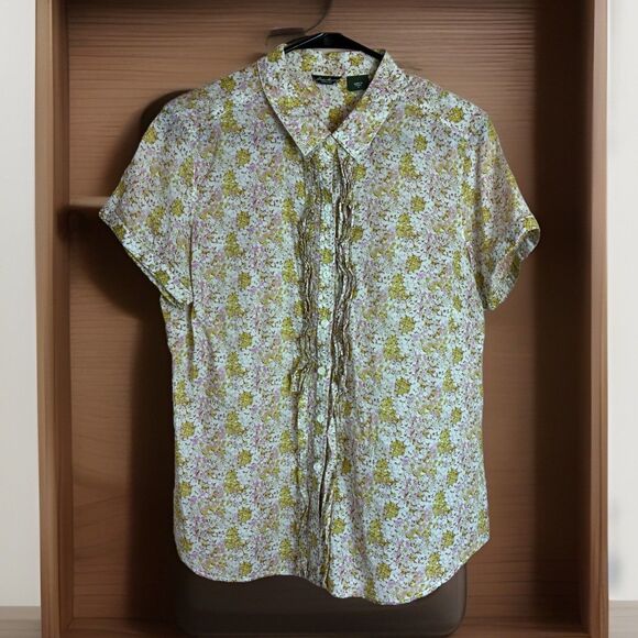 Eddie Bauer Women’s Sheer Floral Ruffle Front Blouse Size Medium - Picture 1 of 5